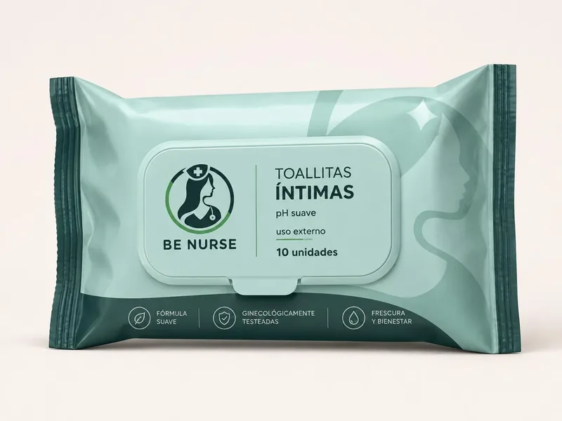 Paquete de toallitas íntimas BE NURSE de pH suave, uso externo, 10 unidades.